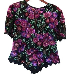 Laurence Kazar Black and Purple Floral Sequin Blouse